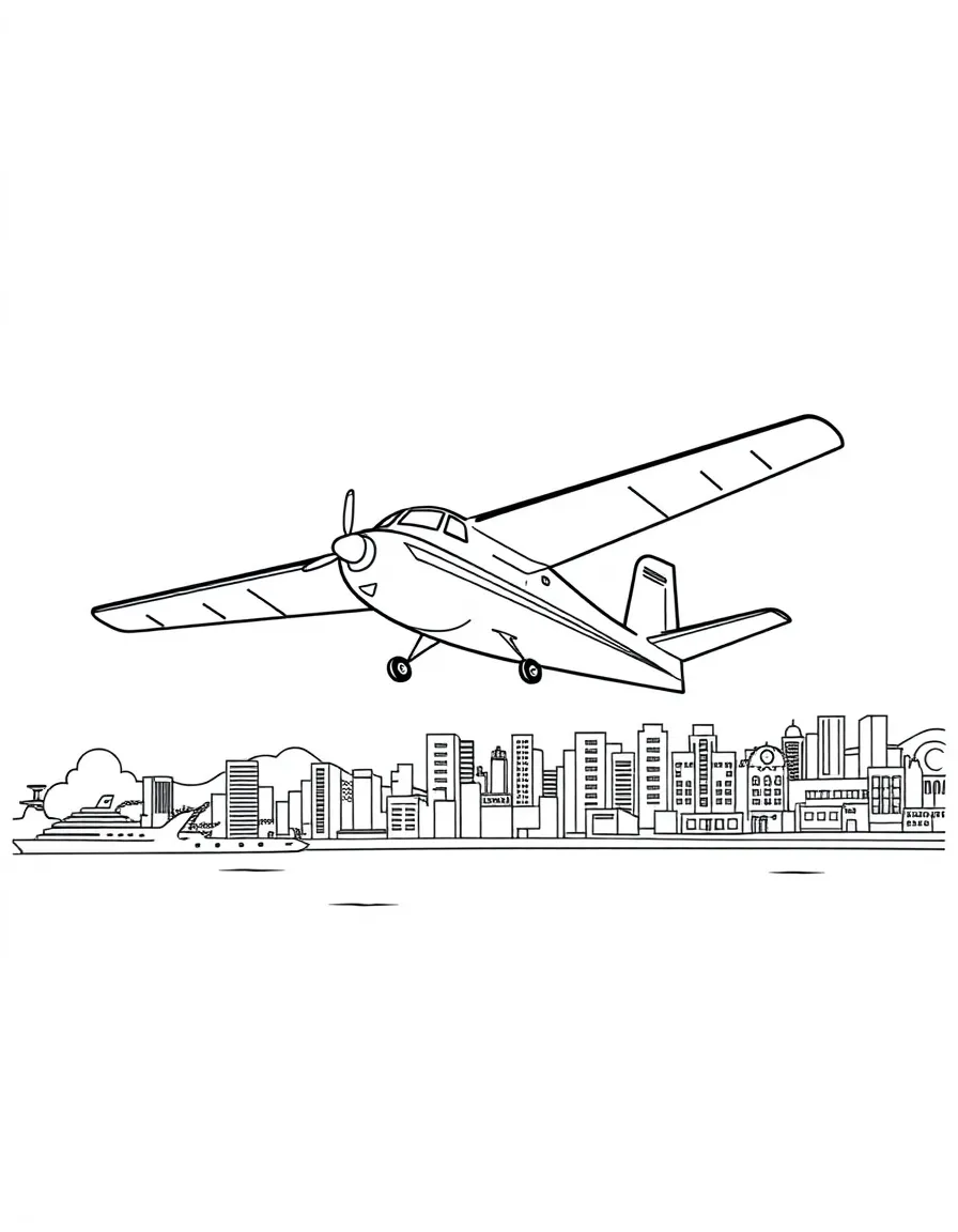 A cartoon-style drawing of a seaplane taking off in Vancouver for coloring.