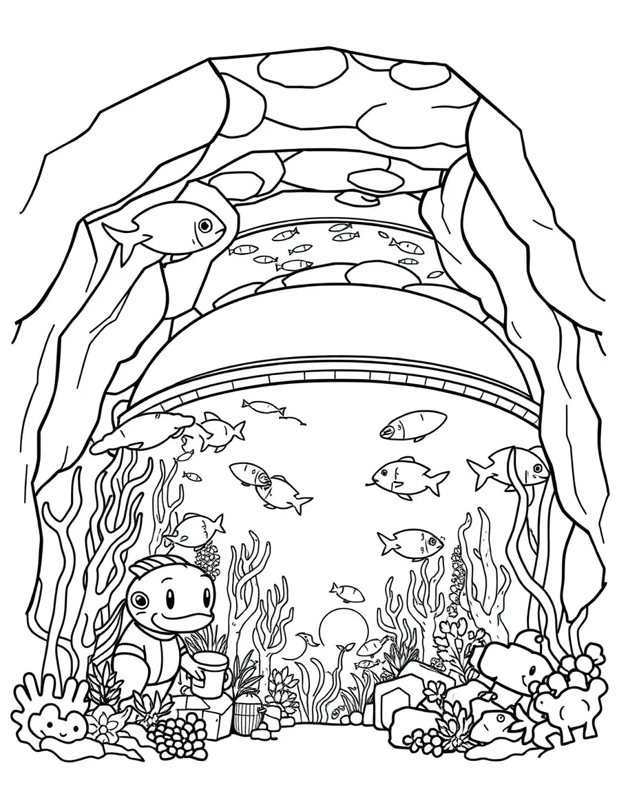 A drawing of the Vancouver Aquarium with cartoon fish for coloring.