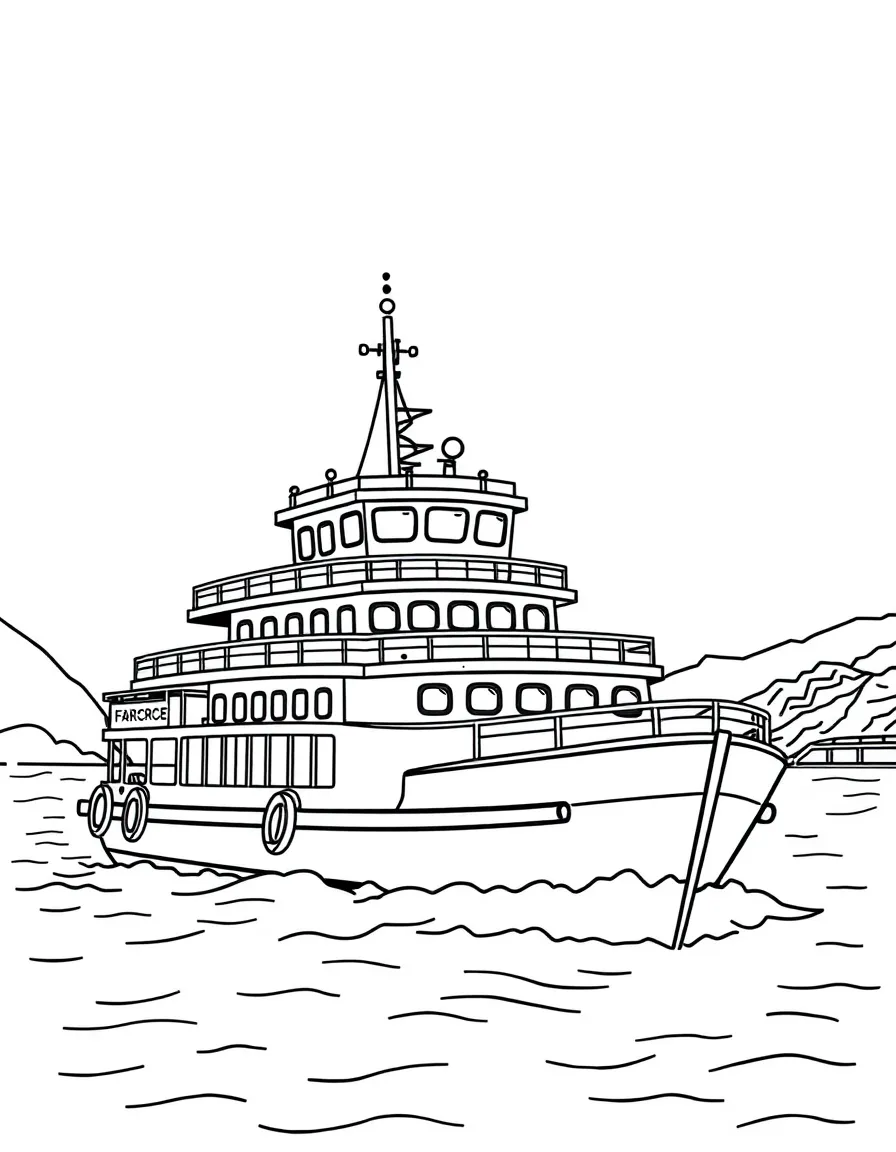 A cute drawing of a ferry boat near Vancouver for kids to color.