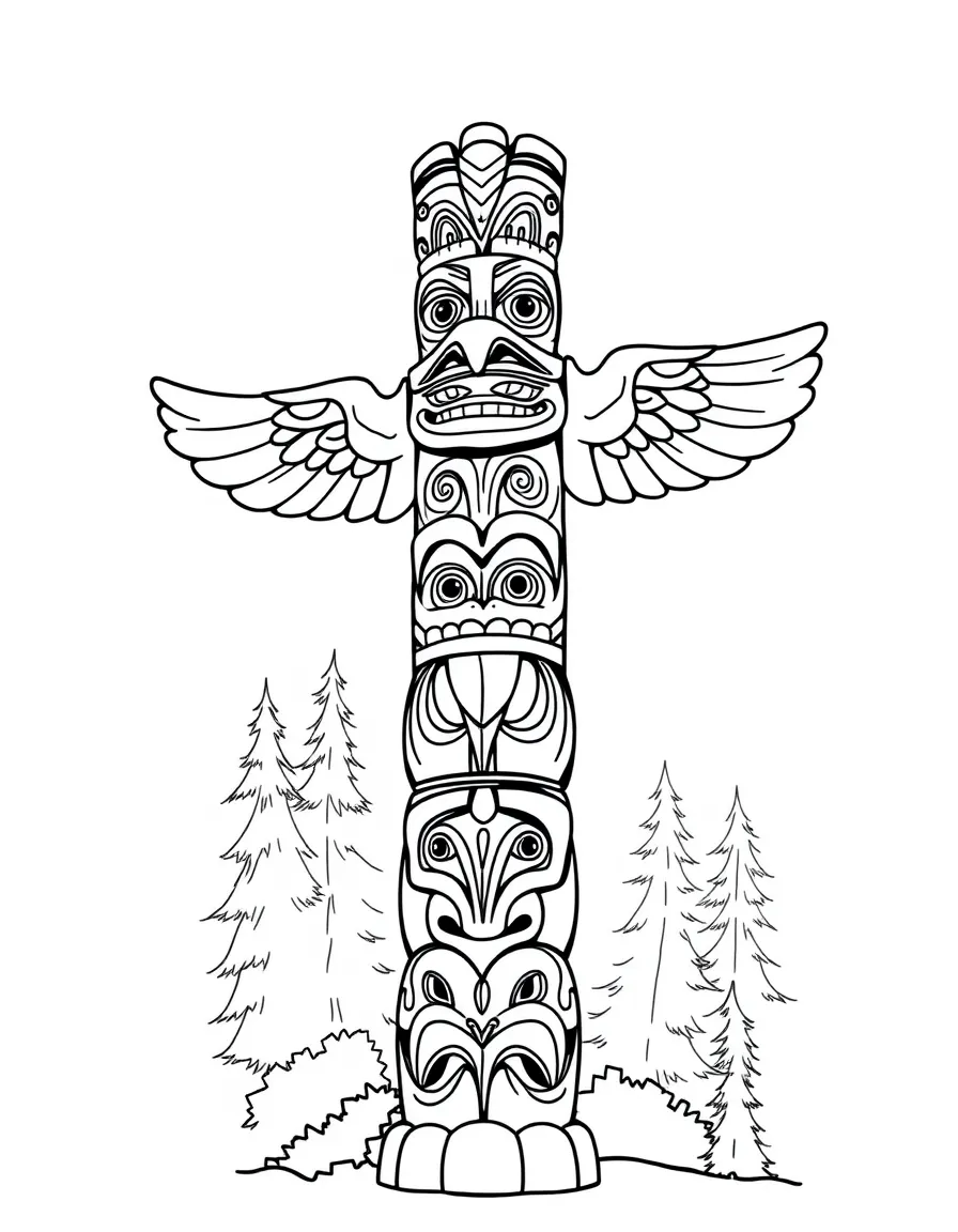 A drawing of a friendly totem pole in Vancouver for coloring.