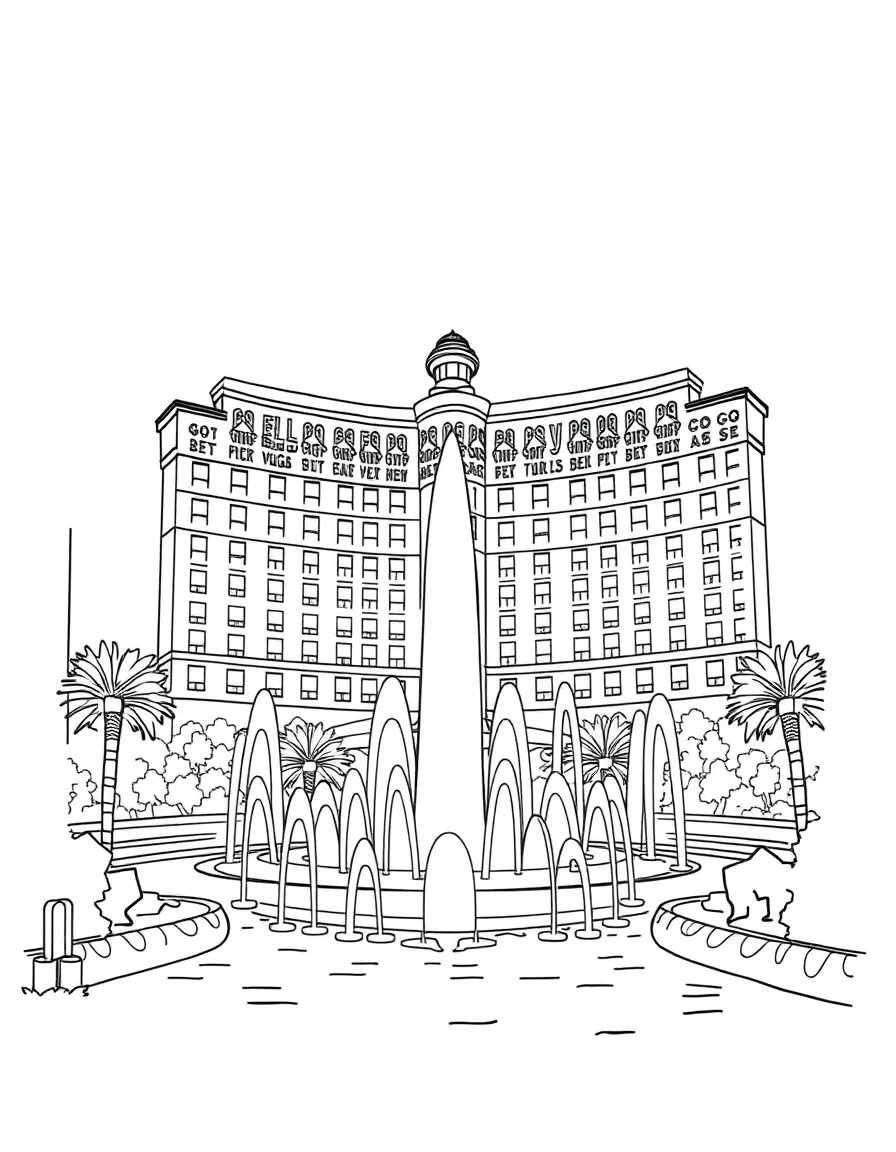 A cartoon drawing of the Bellagio Fountains in Las Vegas for coloring.