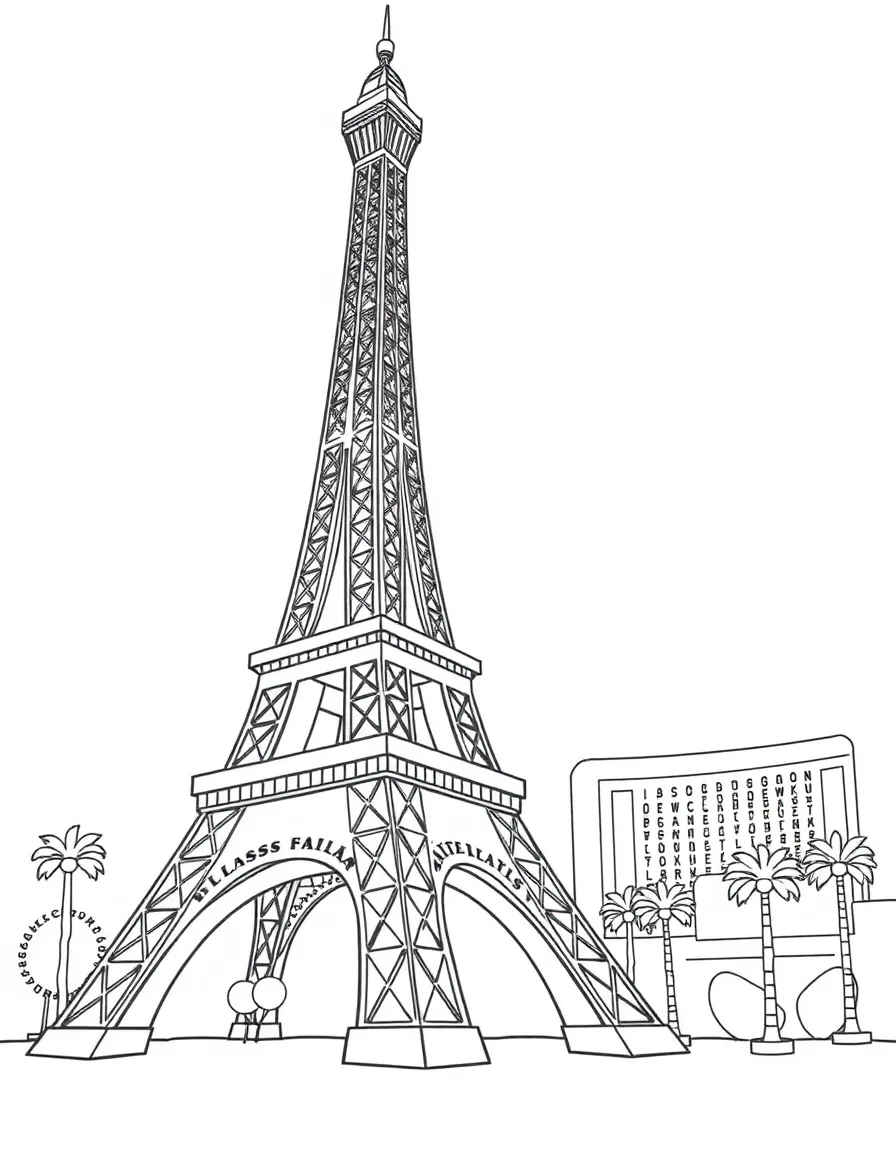 A simplified drawing of the Eiffel Tower replica in Las Vegas for coloring.