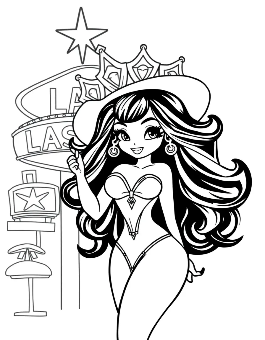 A cute drawing of a showgirl in Las Vegas for coloring.