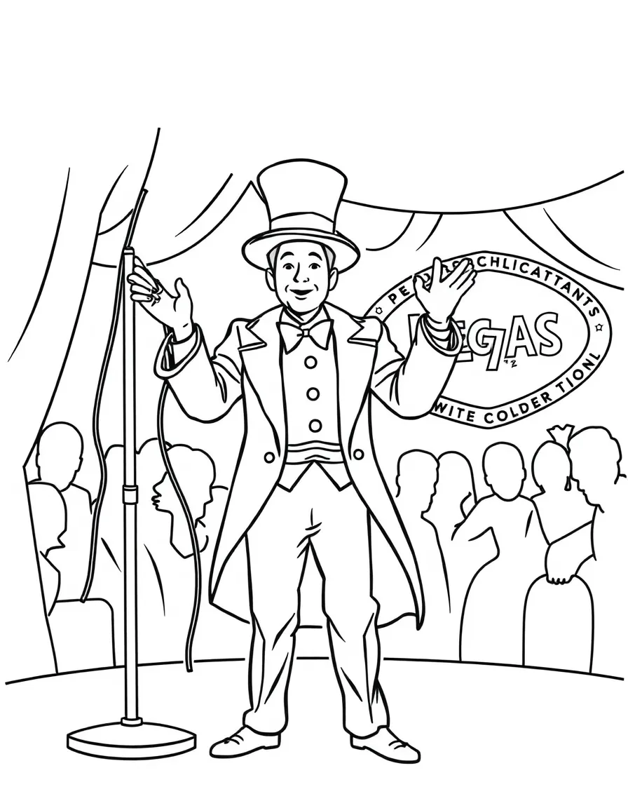 A simple outline of a magician performing in Las Vegas for coloring.