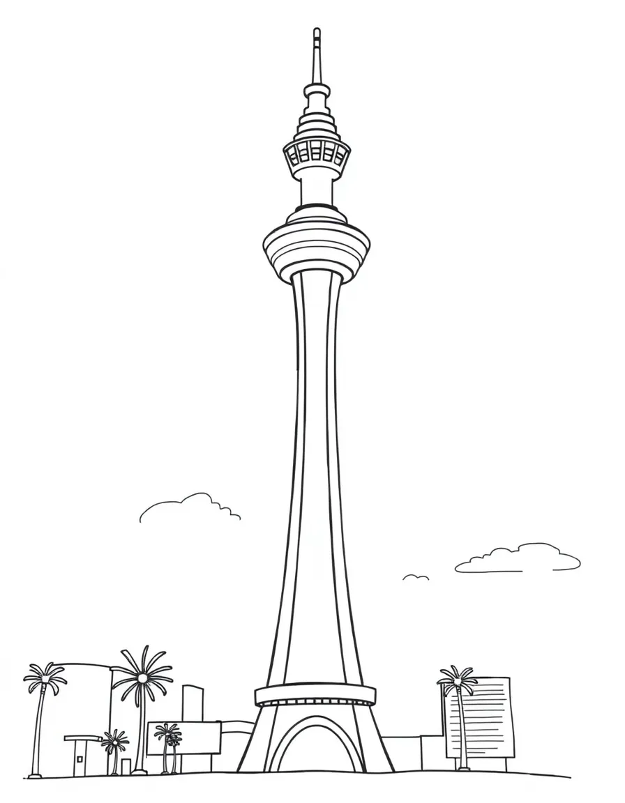 A cartoon-style drawing of the Stratosphere Tower in Las Vegas for coloring.