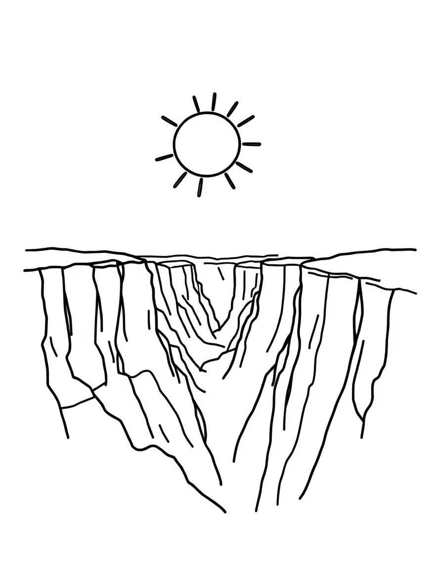 A drawing of a simplified grand canyon with a happy sun for coloring.