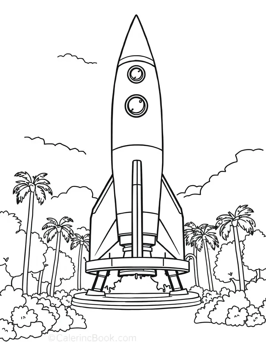 A cartoon-style drawing of a Space Mountain rocket in Orlando for coloring.
