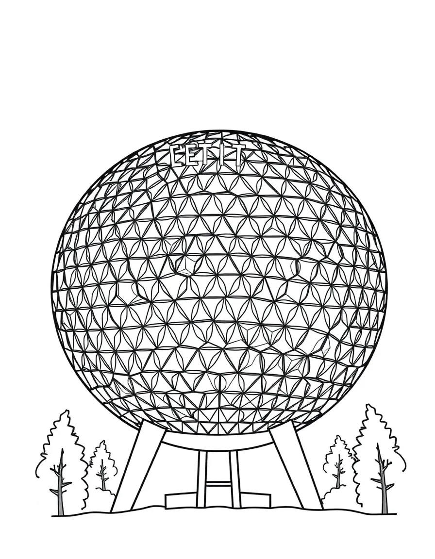 A drawing of a simplified Epcot Spaceship Earth for coloring.