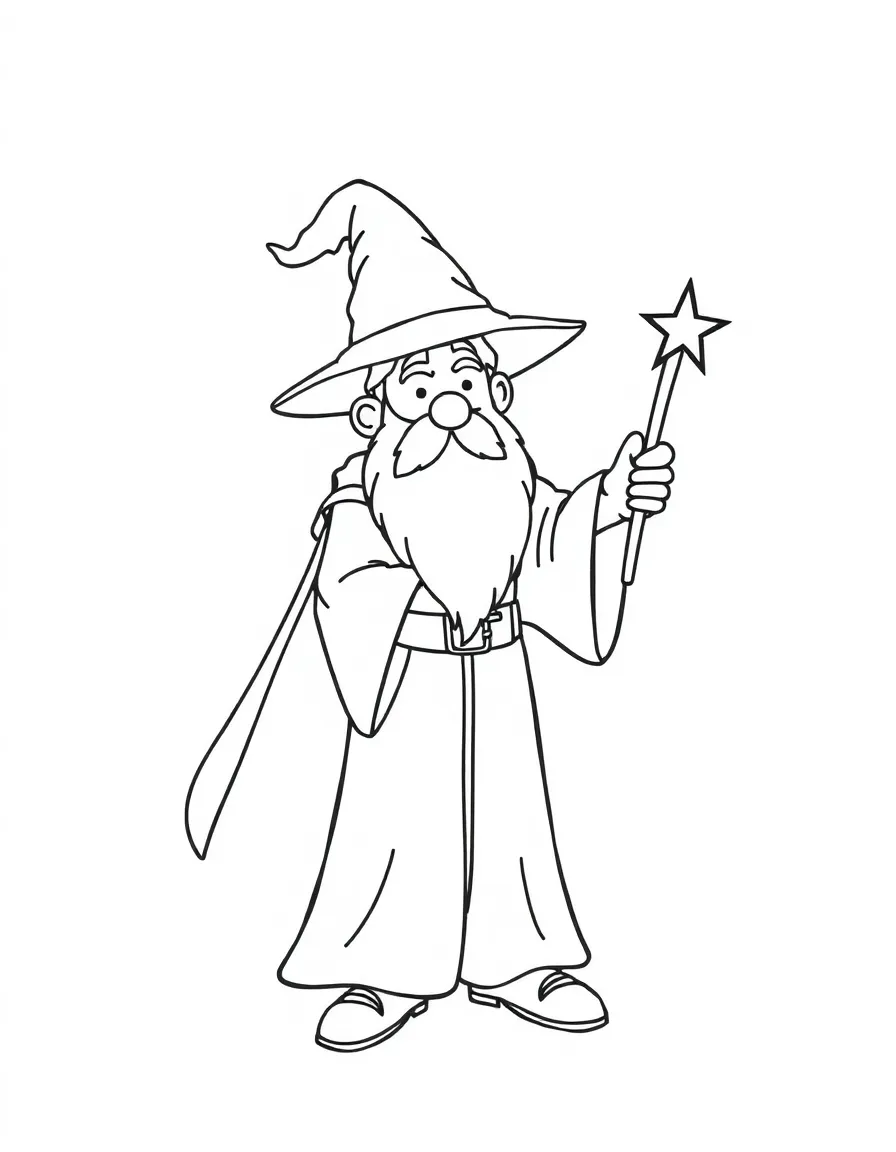 A simplified drawing of a wizard with a wand in Orlando for coloring.