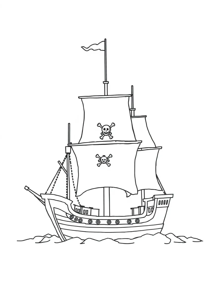 A simple outline of a pirate ship at Disney World for coloring.