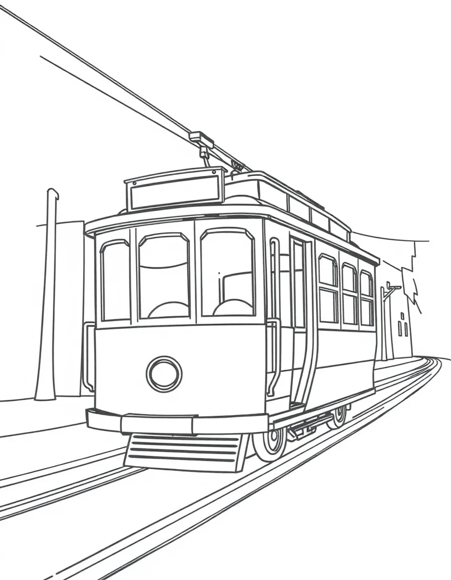 A cartoon-style drawing of a cable car in San Francisco for coloring.
