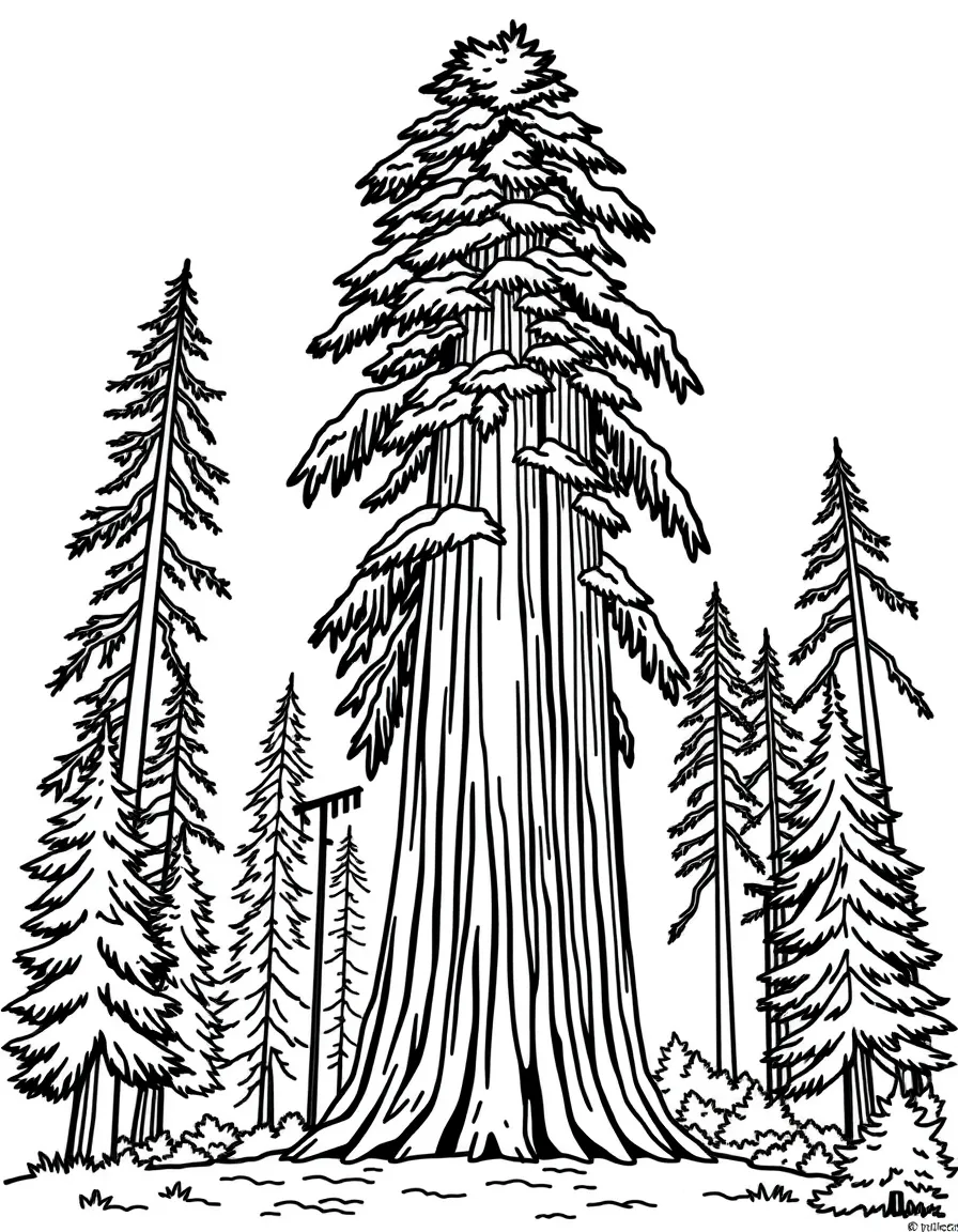 A simple outline of a tall Redwood tree in California for coloring.