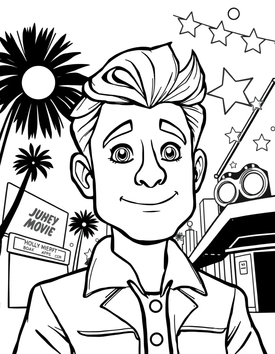 A cartoon-style drawing of a movie star in Hollywood for coloring.