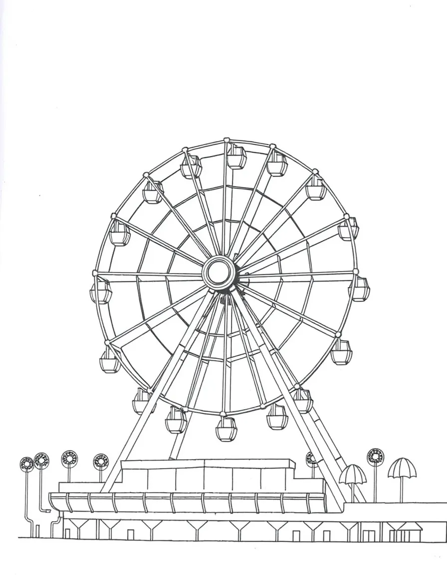 A simplified drawing of the Santa Monica Pier Ferris Wheel for coloring.