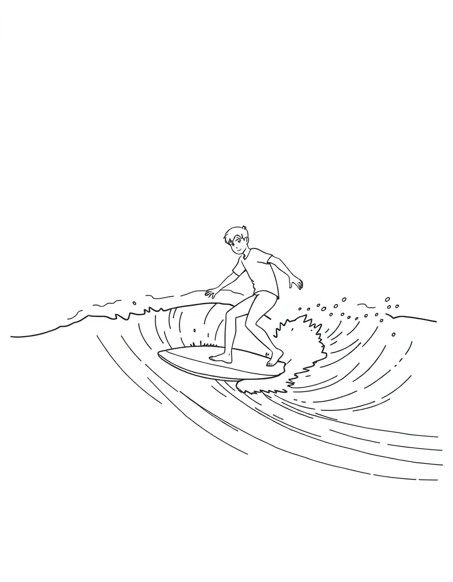 A cute drawing of a surfer on a wave in California for coloring.