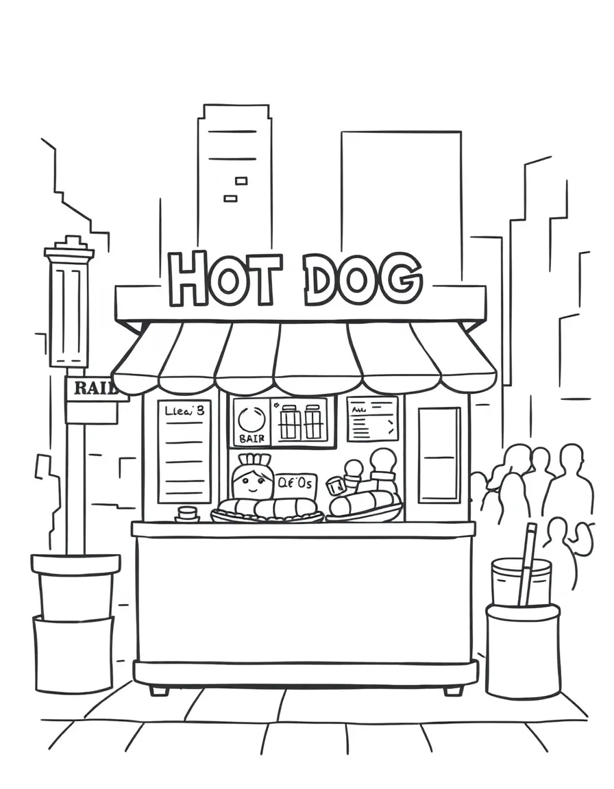 A cute drawing of a hot dog stand in New York City for coloring.
