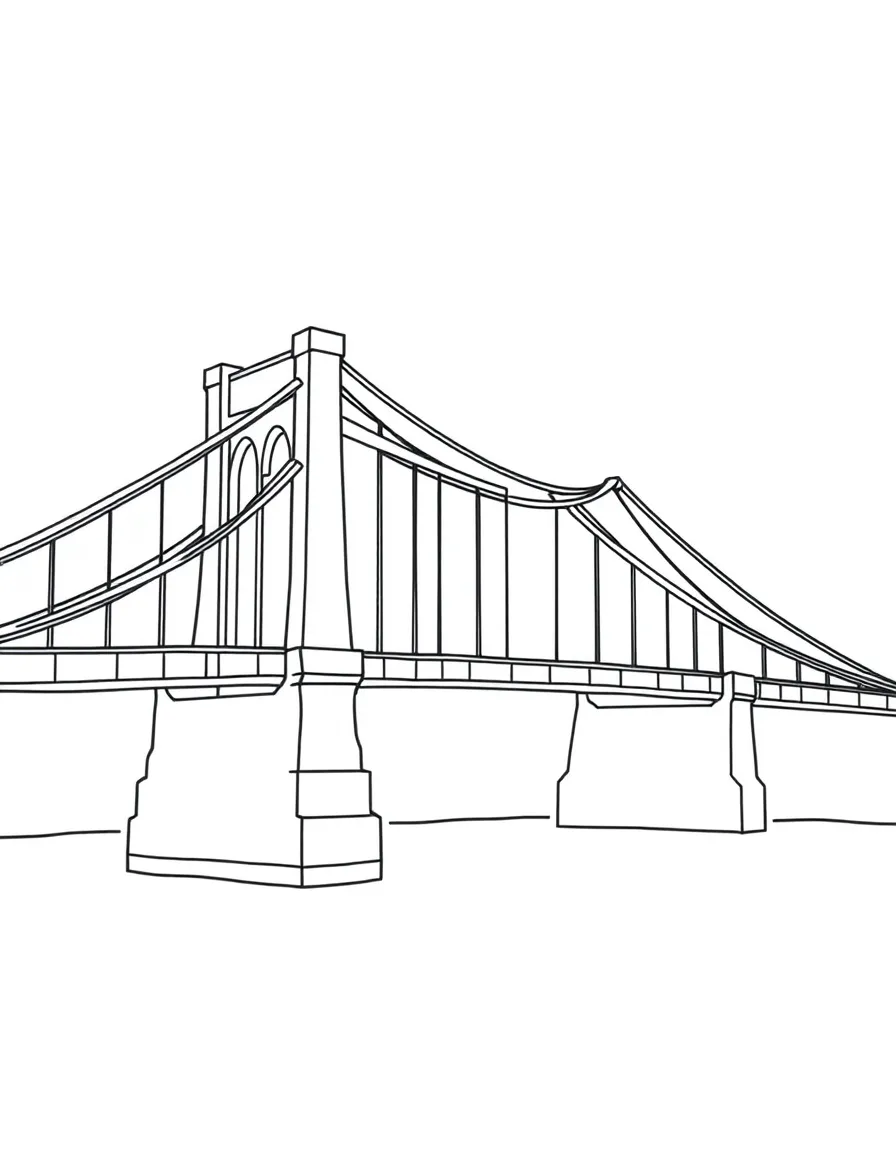A drawing of a simplified Brooklyn Bridge for coloring.
