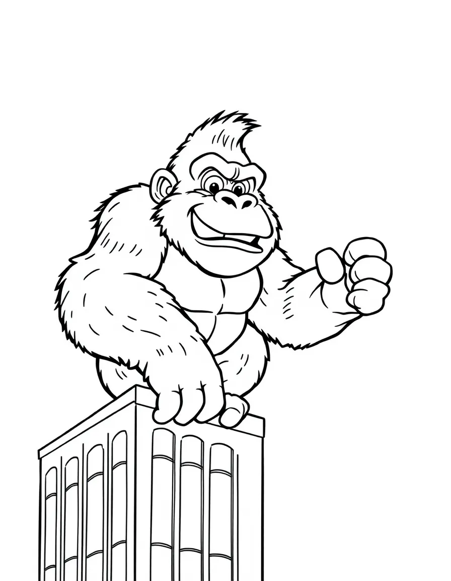 A cartoon-style drawing of a friendly King Kong on a skyscraper for coloring.