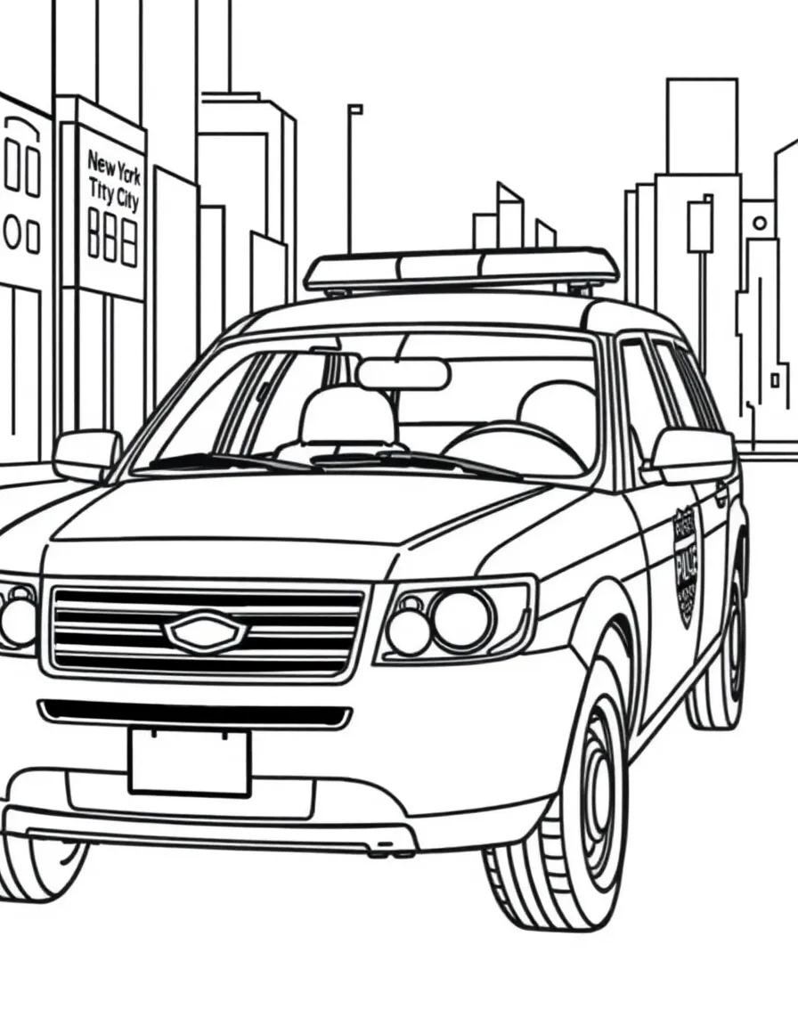 A simple outline of a New York City police car for coloring.