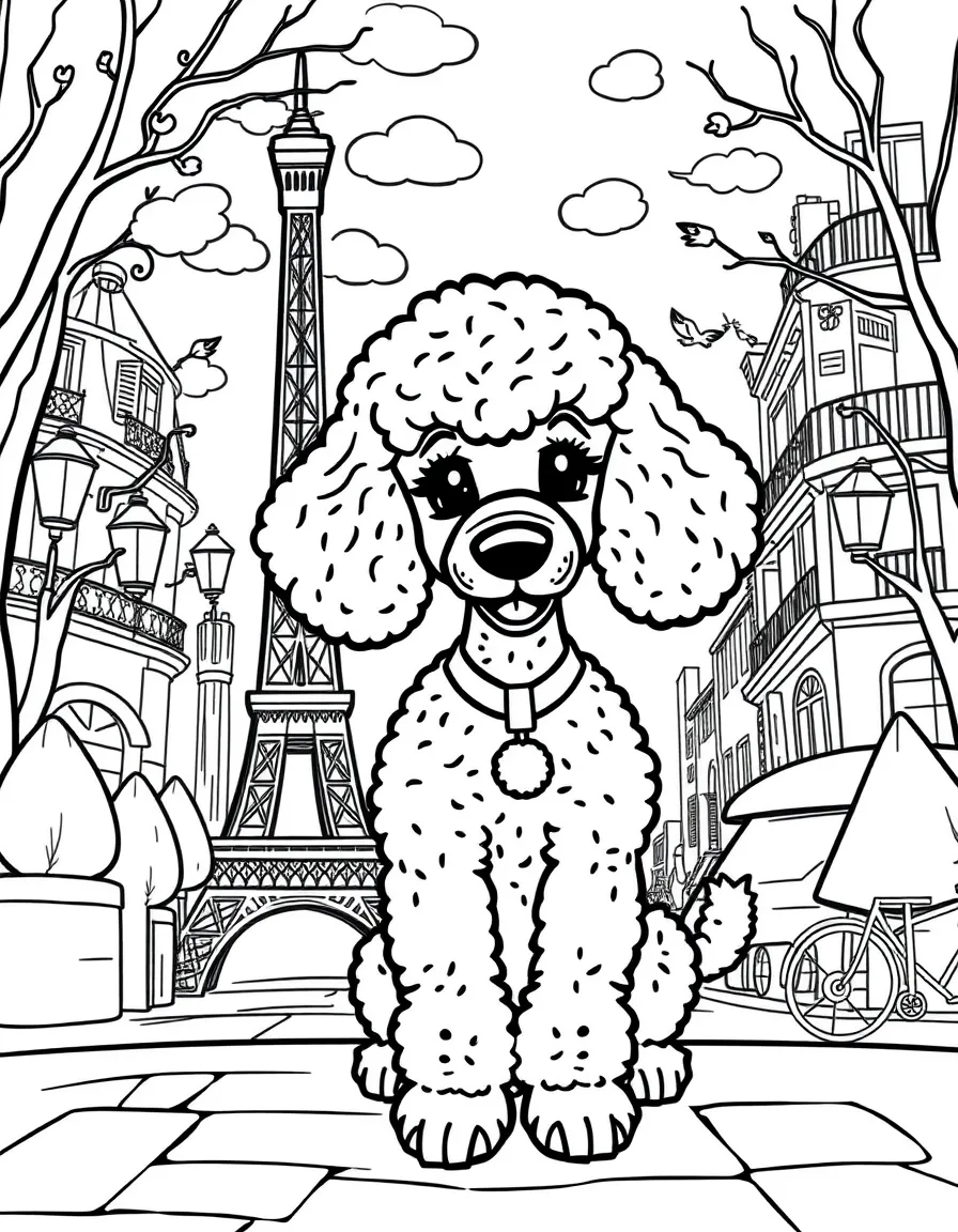 A cartoon-style drawing of a French poodle in Paris for coloring.