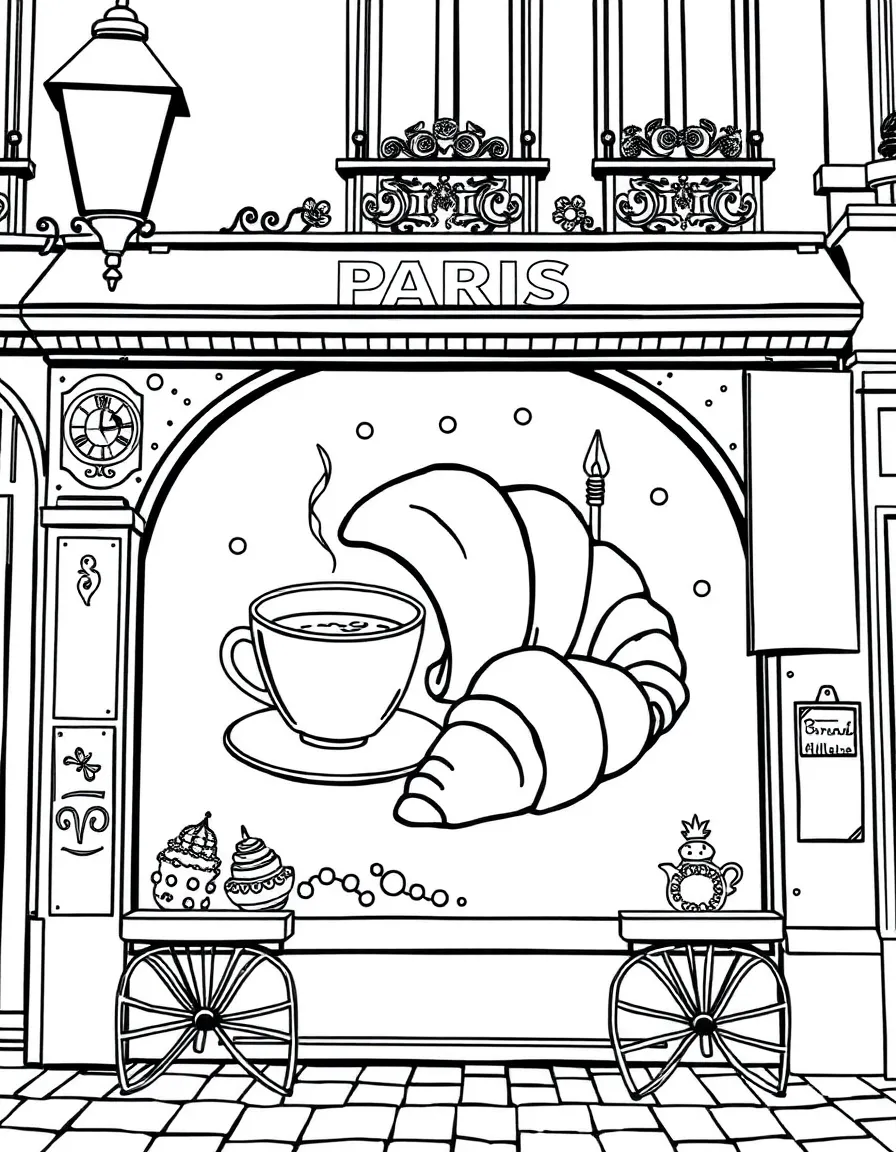 A cute drawing of a croissant and coffee in Paris for coloring.