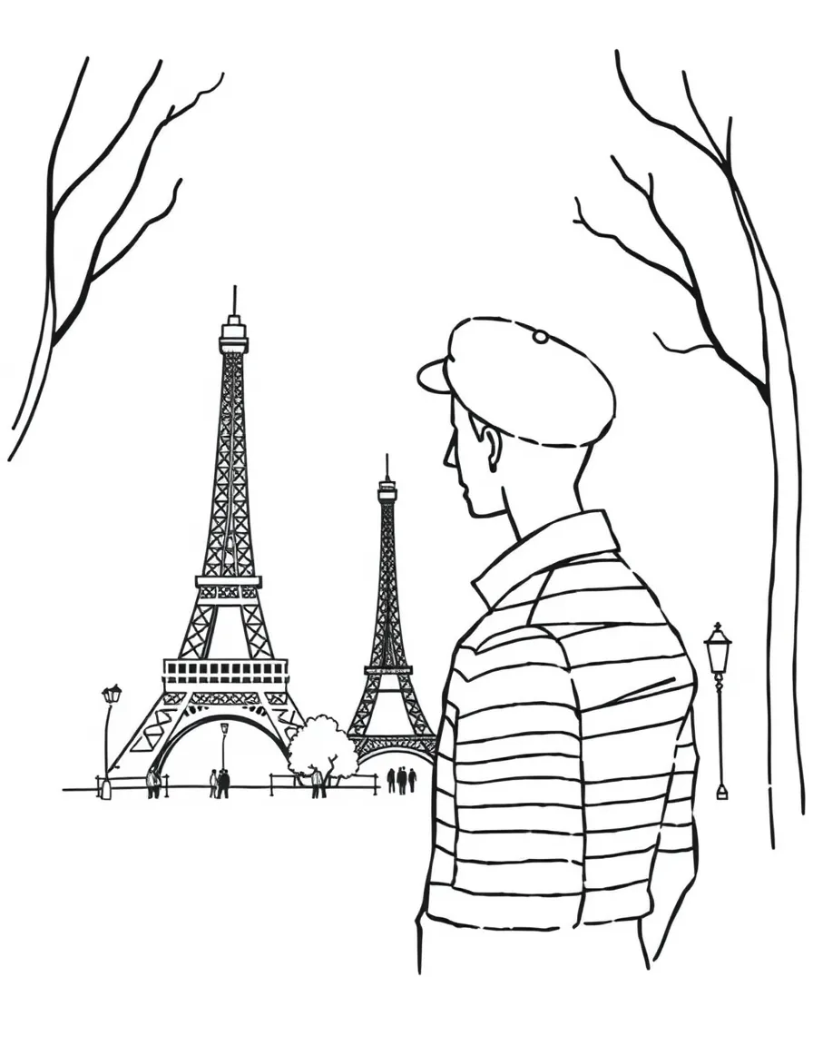 A simple outline of a beret and striped shirt in Paris for coloring.
