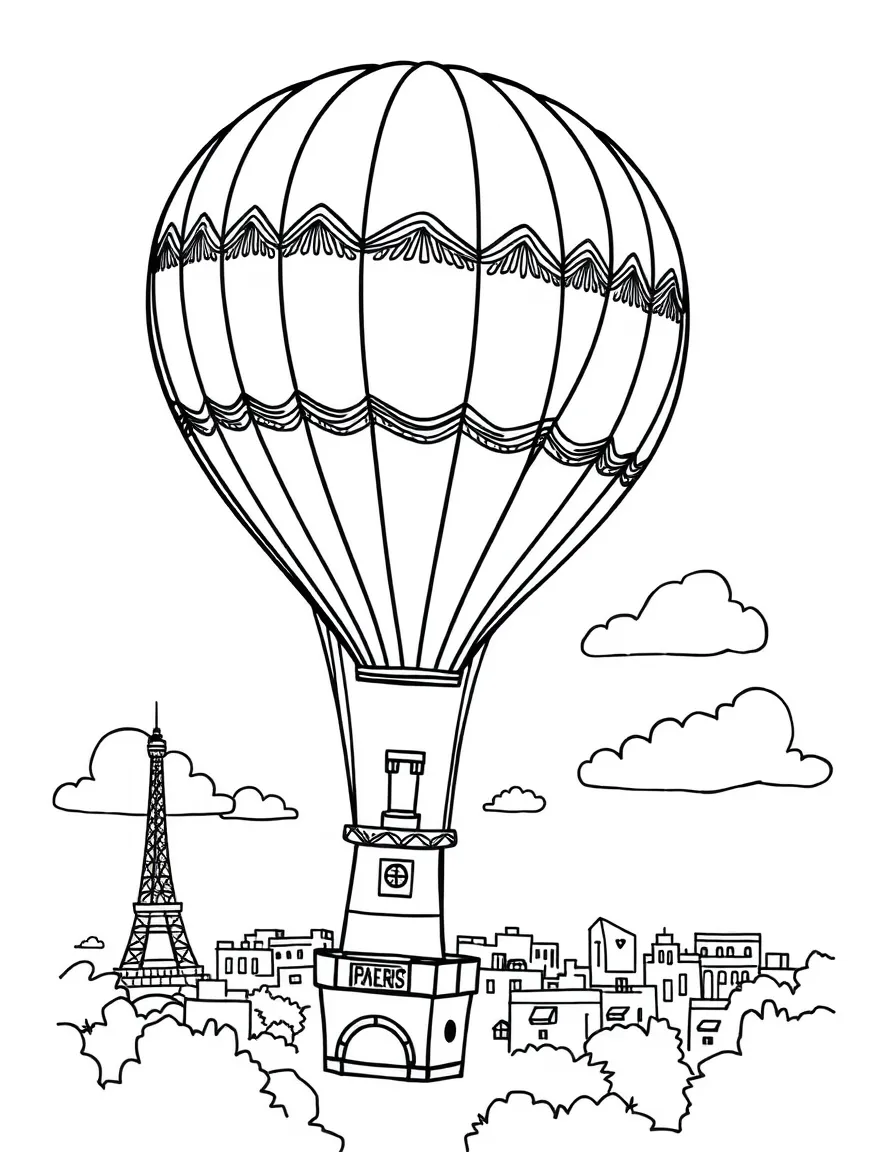 A cartoon-style drawing of a hot air balloon over Paris for coloring.