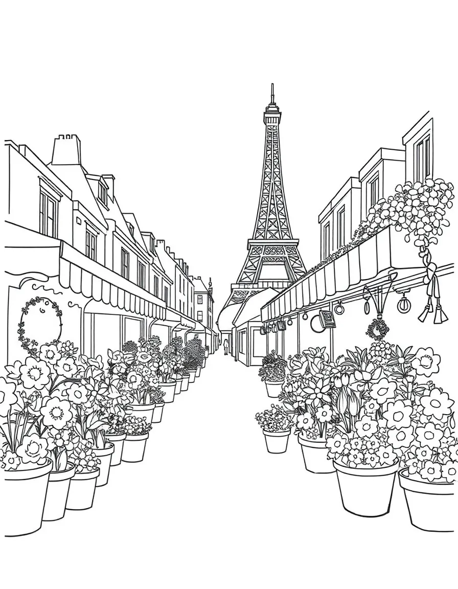A simplified drawing of a pretty flower market in Paris for coloring.