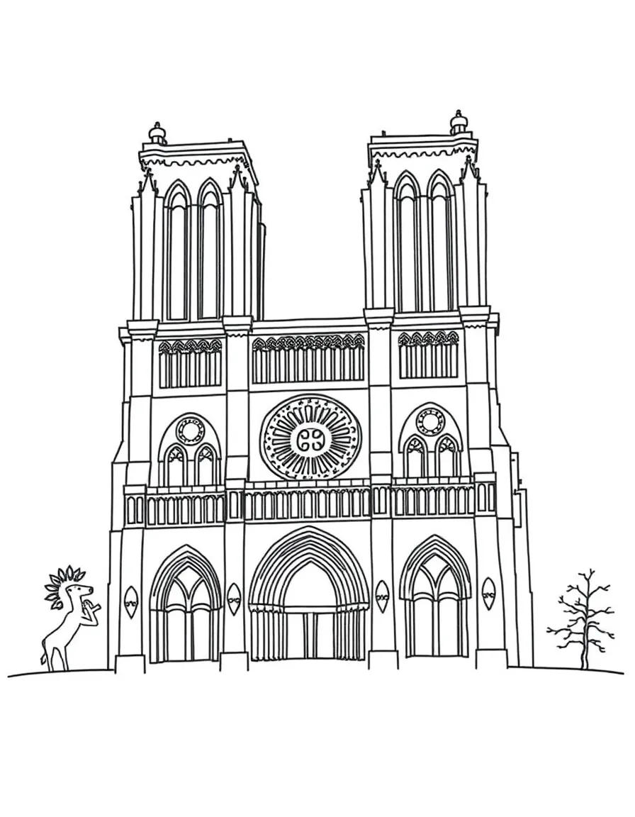 A simple outline of the Notre Dame Cathedral for coloring.