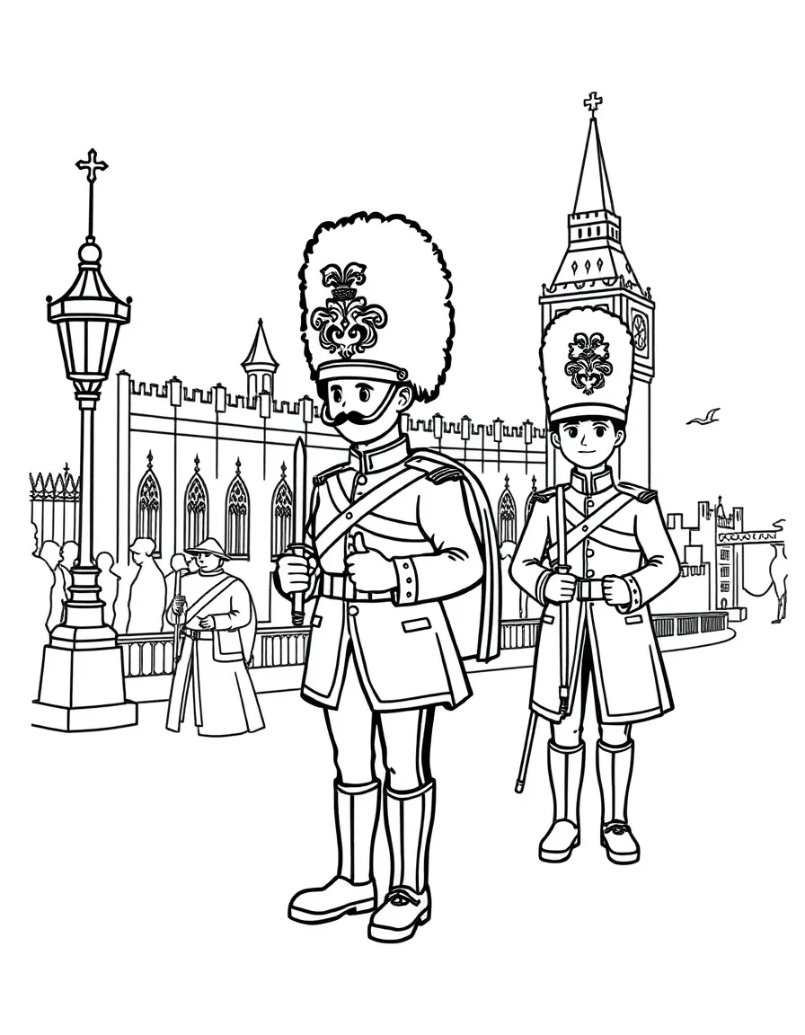 A cute drawing of a queen's guard in London for coloring.