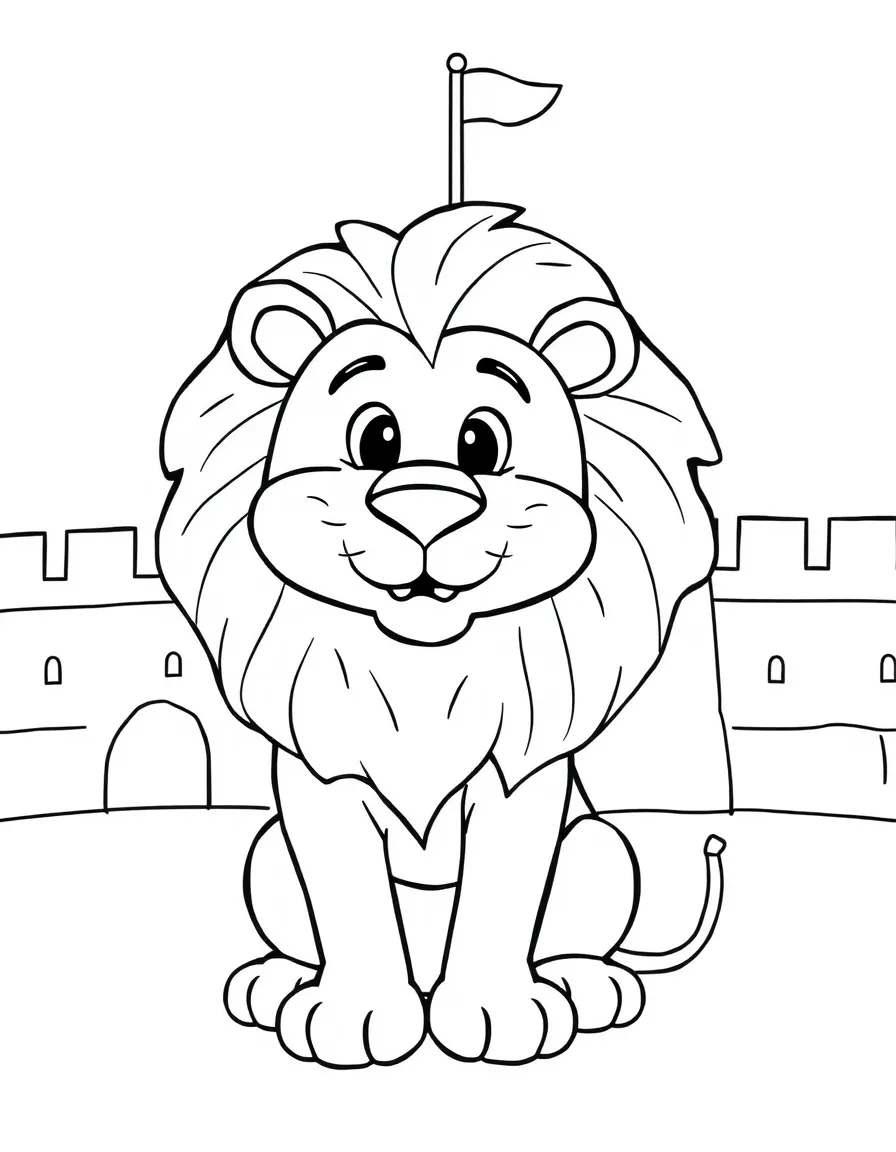 A cartoon-style drawing of a friendly lion at the Tower of London for coloring.
