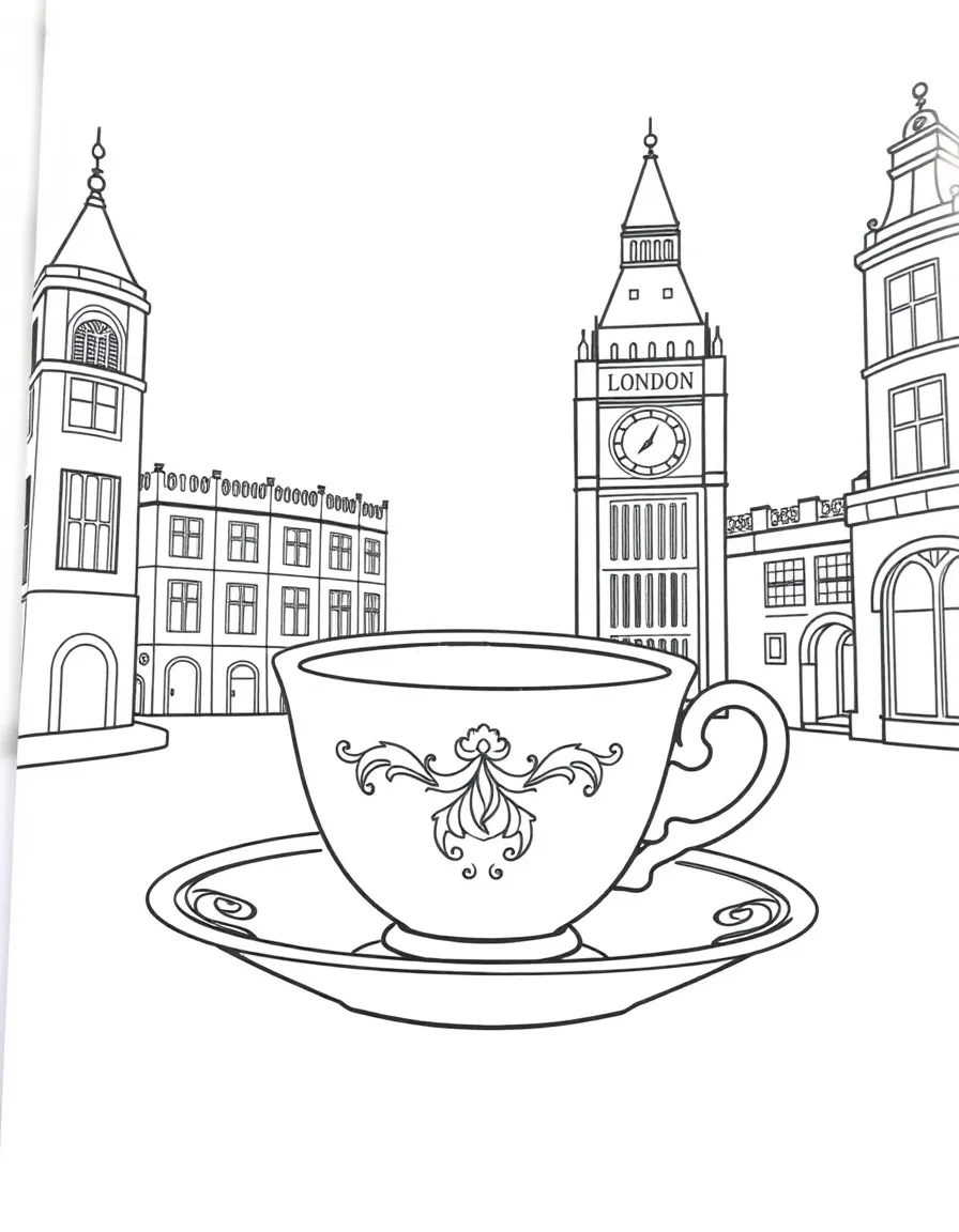 A simplified drawing of a tea cup and saucer in London for coloring.
