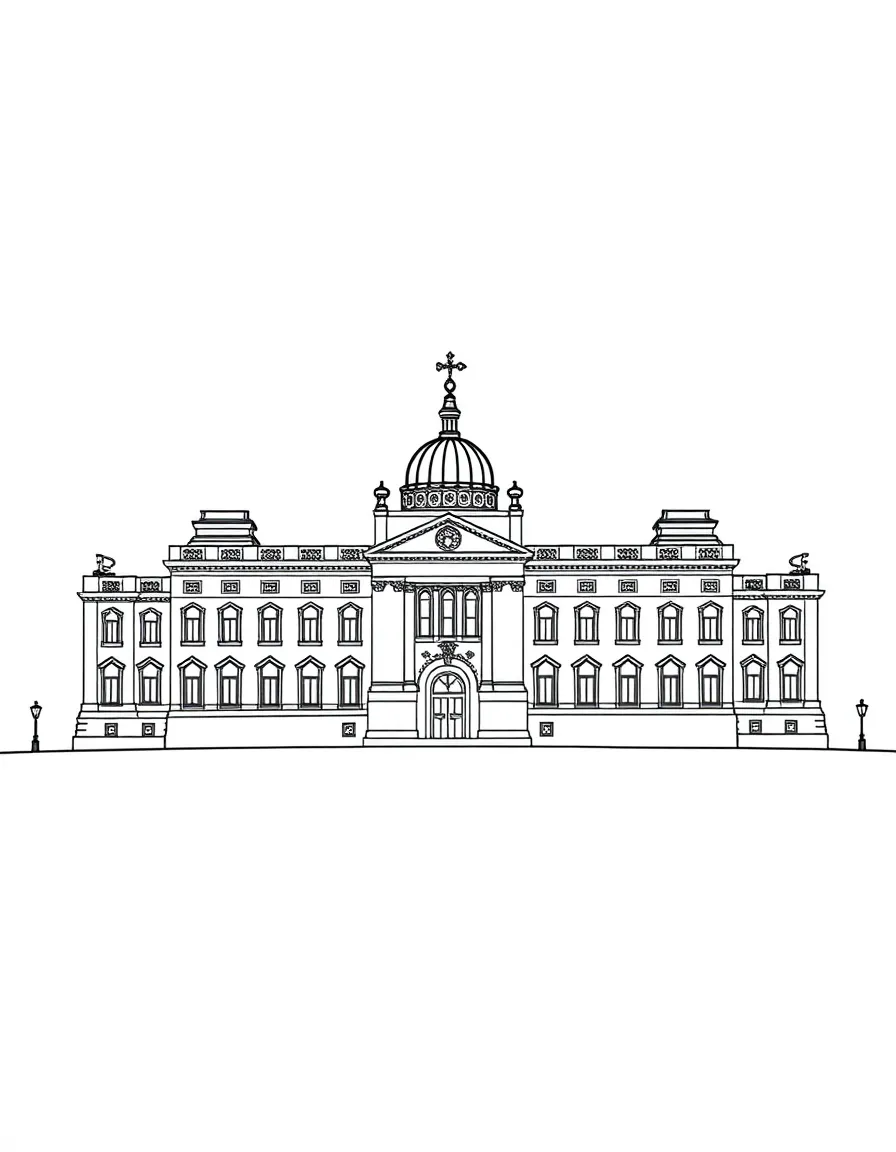 A simple outline of Buckingham Palace for coloring.