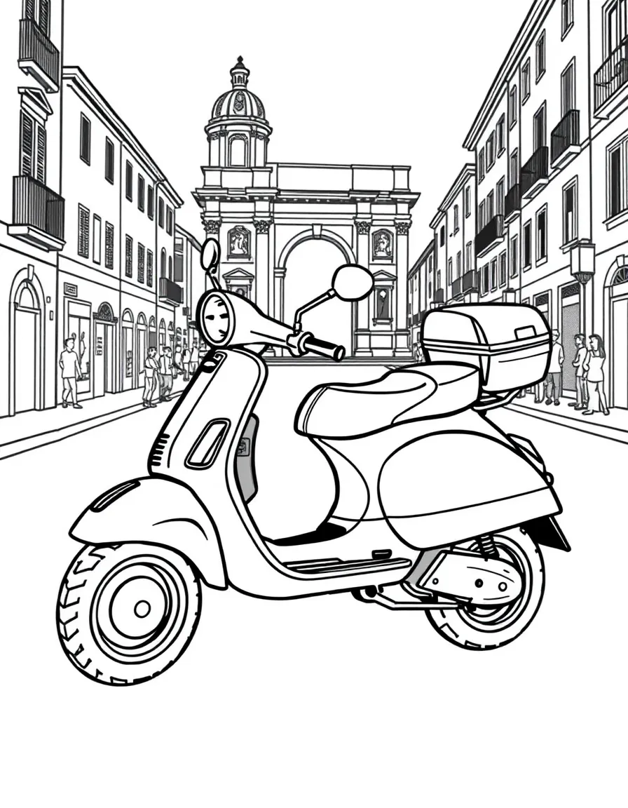 A cartoon-style drawing of a Vespa scooter in Rome for coloring.
