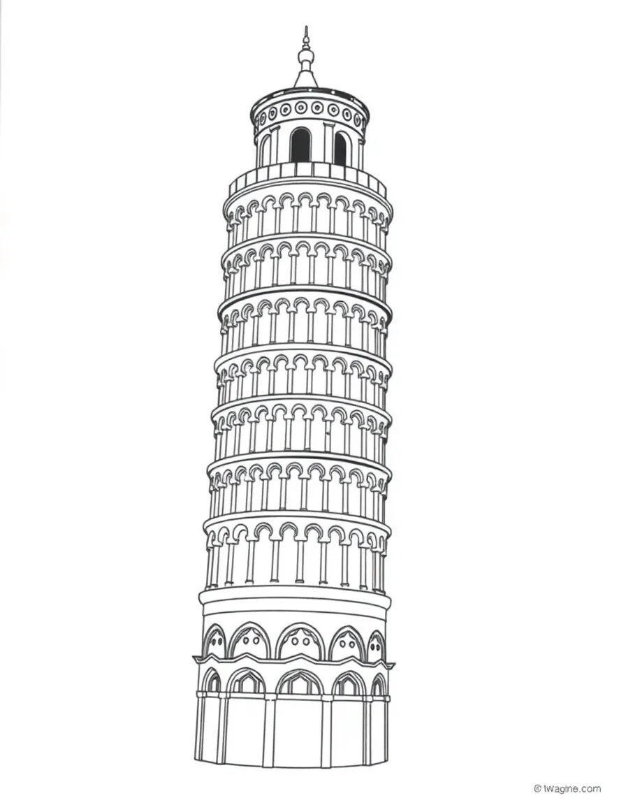 A simplified drawing of the Leaning Tower of Pisa for coloring.