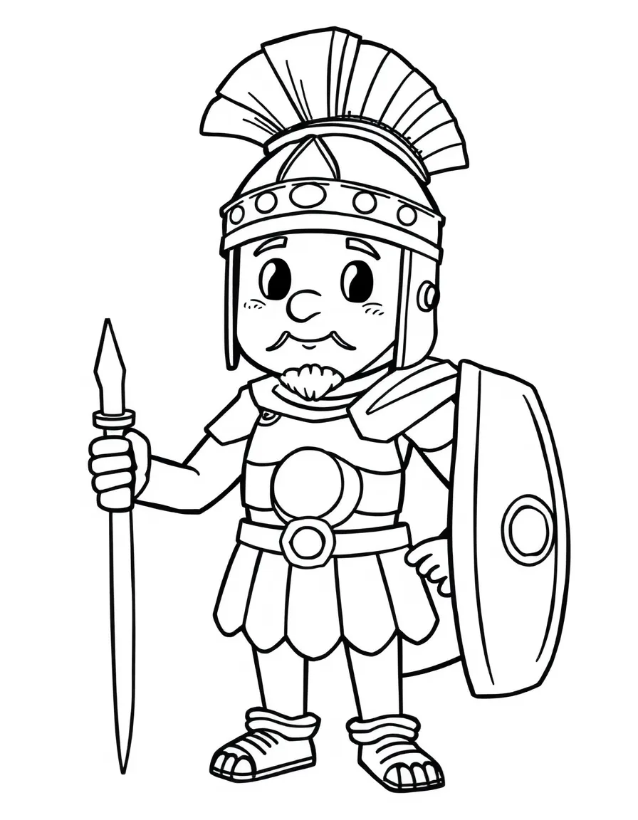 A cartoon-style drawing of a friendly Roman centurion for coloring.