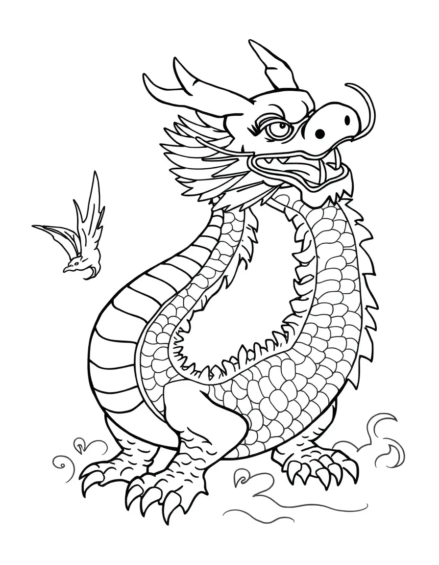 A simplified drawing of a Chinese dragon for coloring.