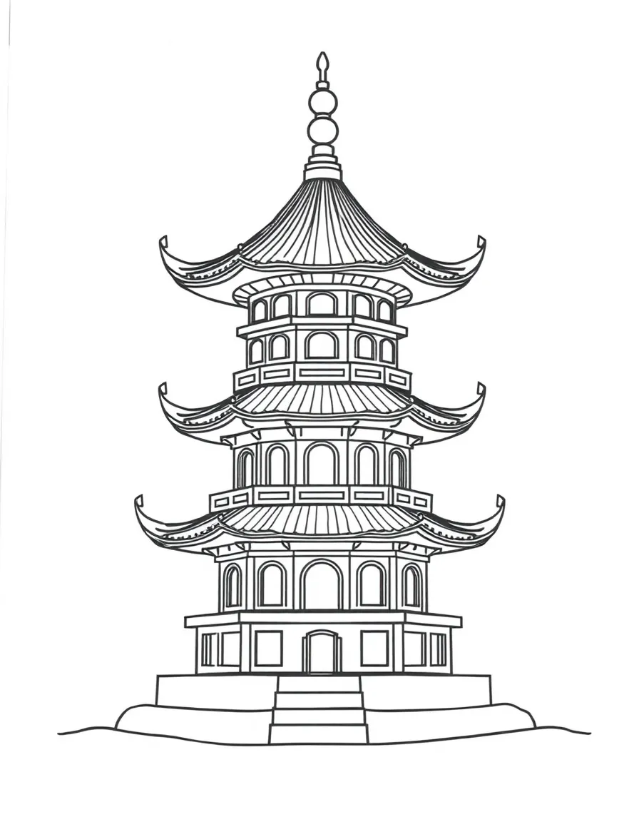 A simple outline of a Chinese pagoda for coloring.