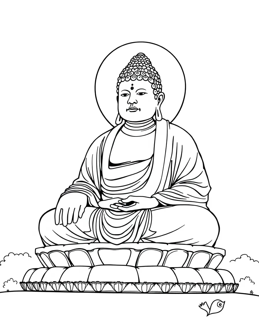 A cartoon-style drawing of a giant Buddha statue for coloring.
