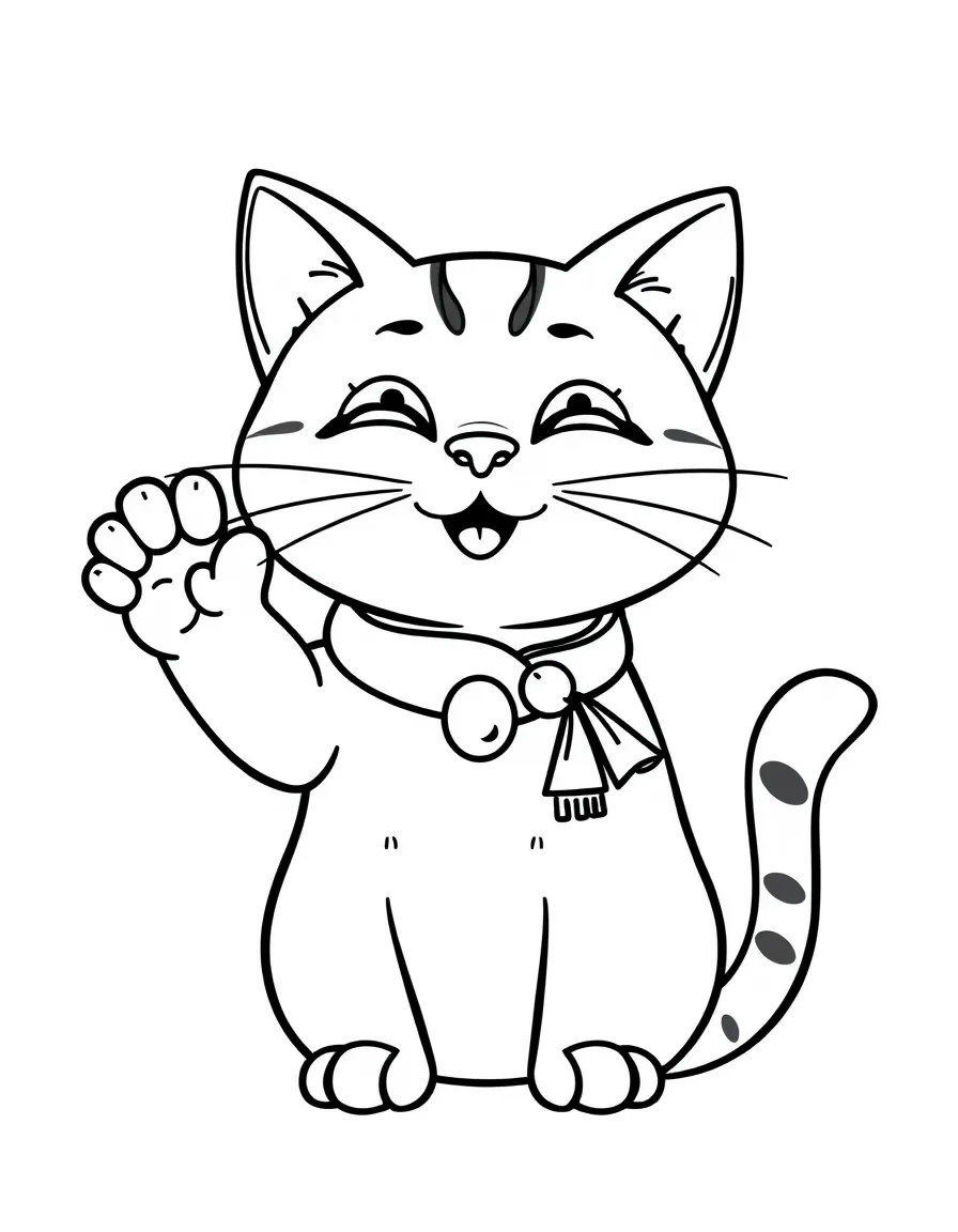 A cute drawing of a lucky cat waving for coloring.
