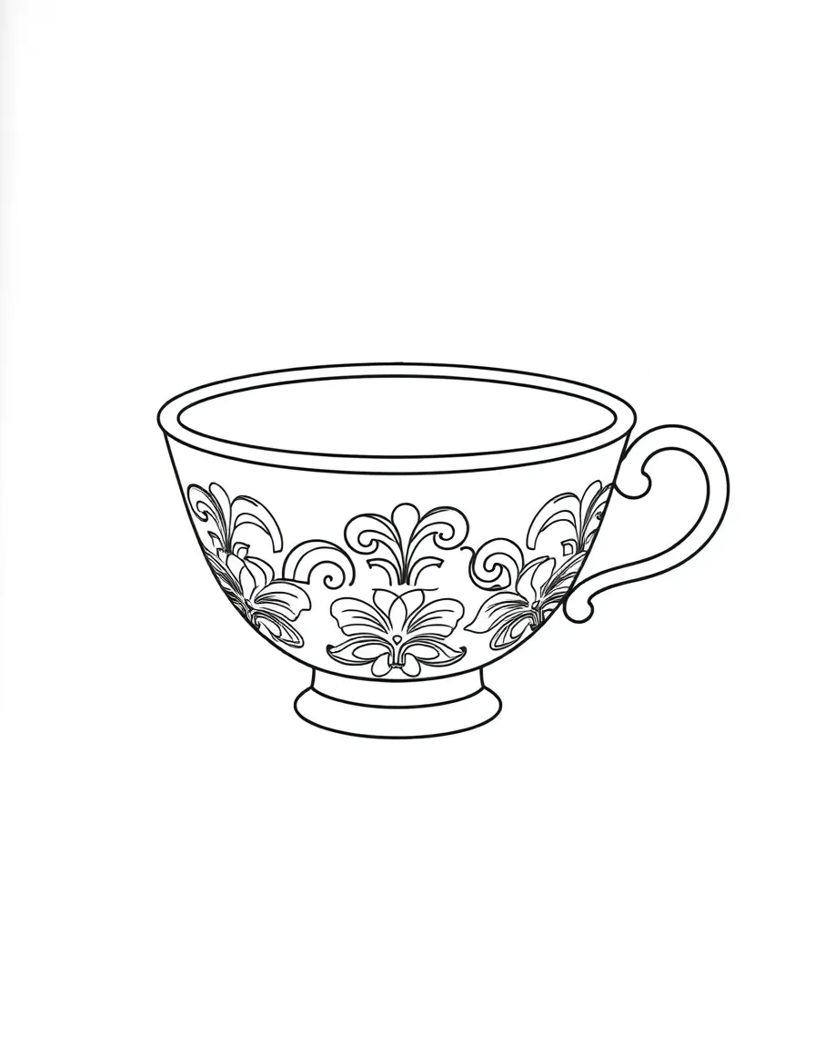 A simple outline of a Chinese teacup for coloring.