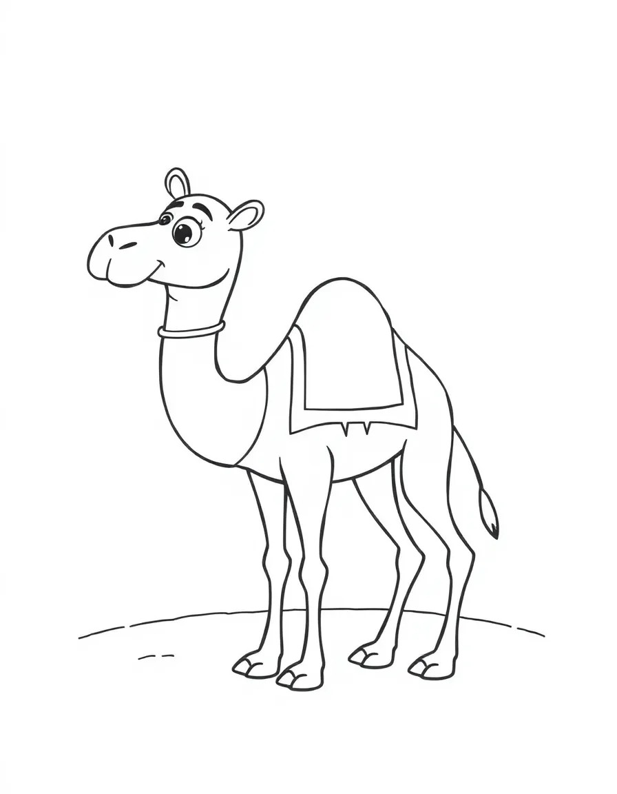 A cartoon-style drawing of a friendly camel in Egypt for coloring.