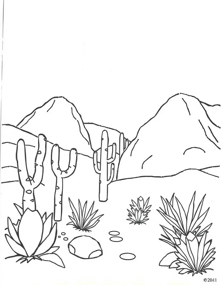 A drawing of a simplified desert oasis for coloring.
