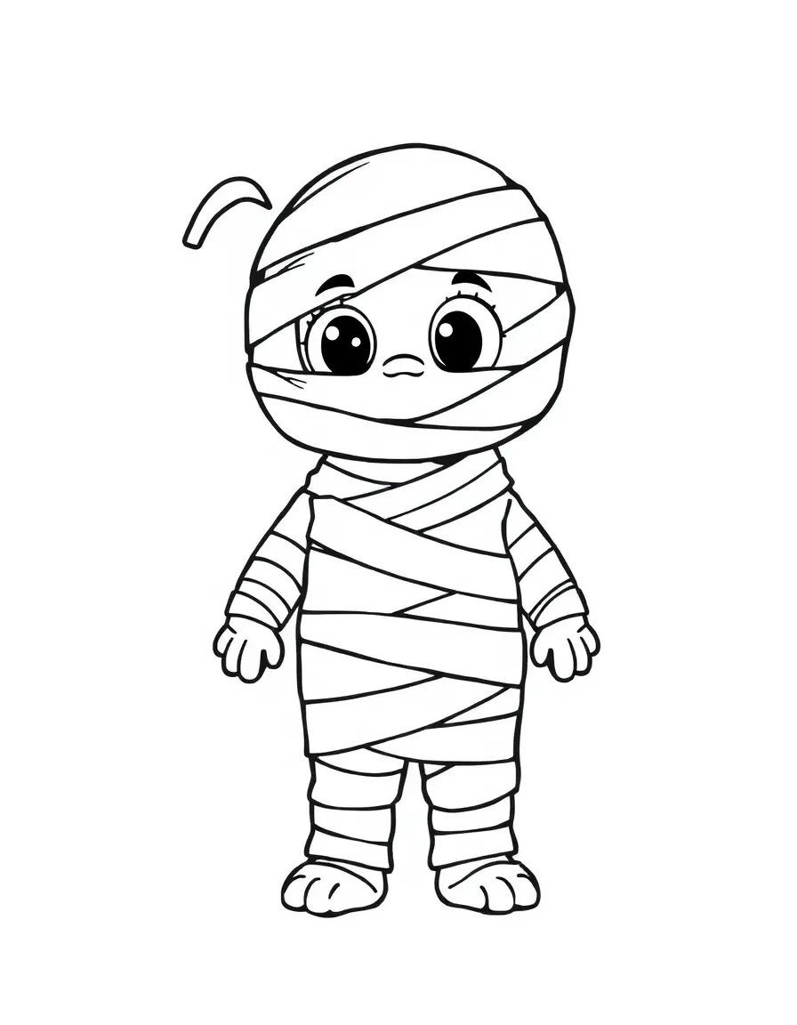 A cartoon-style drawing of a friendly mummy for coloring.