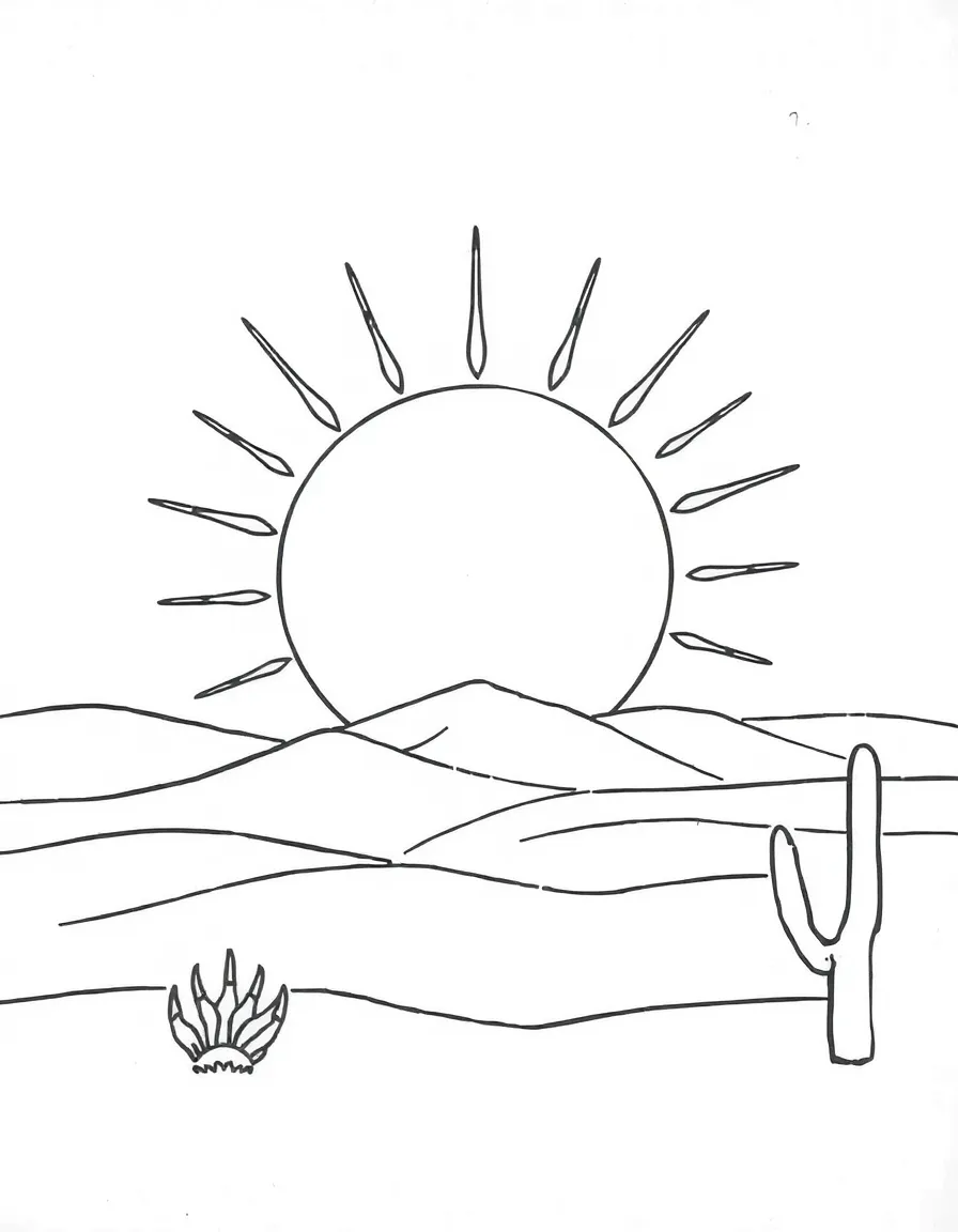 A simple outline of a desert sun for coloring.