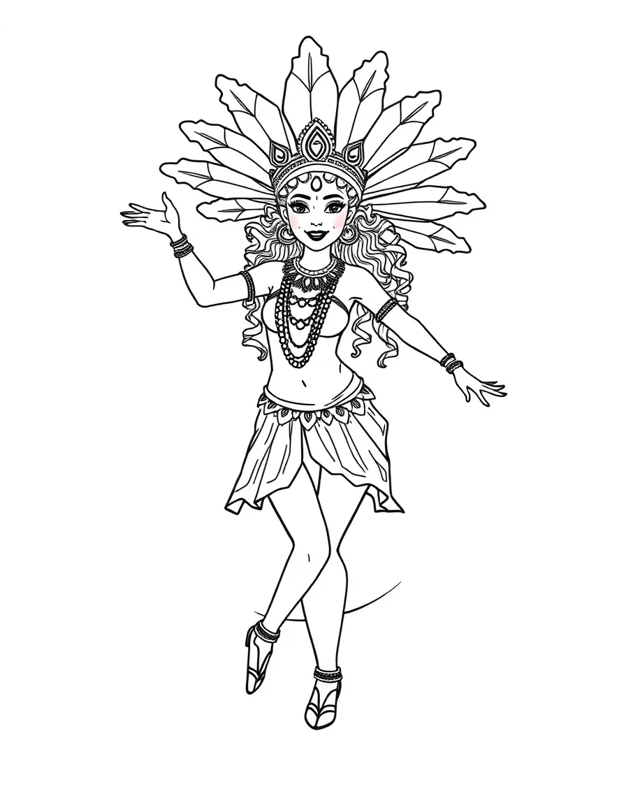 A cute drawing of a Carnival dancer in Brazil for coloring.