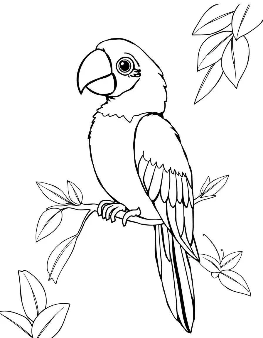 A cartoon-style drawing of a colorful parrot in Brazil for coloring.