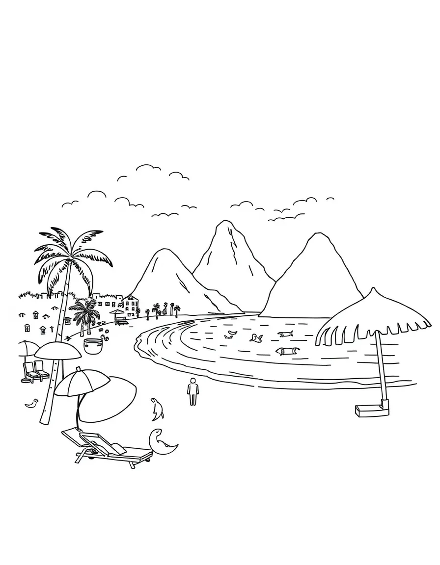 A simplified drawing of a beach scene in Rio for coloring.