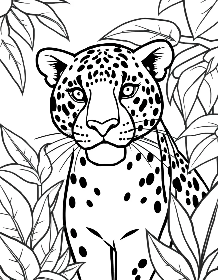 A simple outline of a friendly jaguar in the rainforest for coloring.