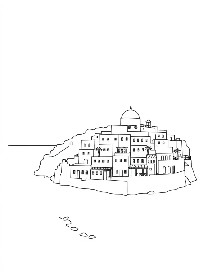 A drawing of a simplified Greek island village for coloring.